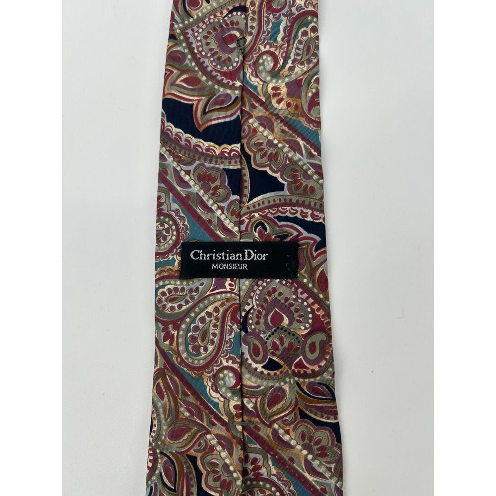 CHRISTIAN DIOR Monsieur Burgundy Multicolor Paisley Silk Necktie 57"L x 3.75"W - Picture 4 of 4
